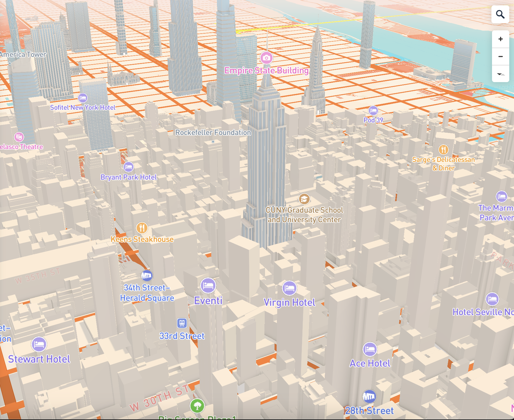 Orange-White 3D New York Region: Light preset and Road & Transit Network adjusted to dawn mode.
